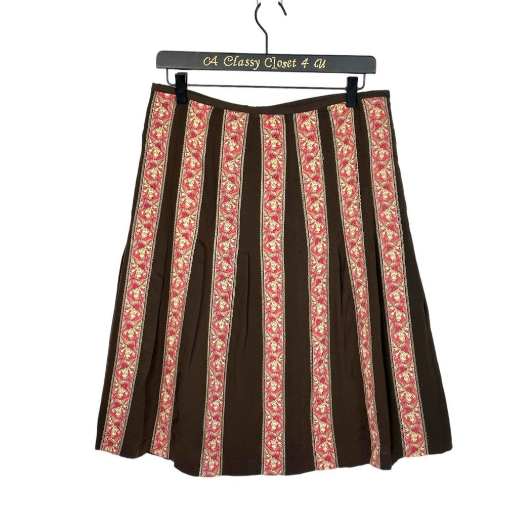 Ann Taylor LOFT Silk Brown Embroidered Striped Pleated Floral A-Line Skirt 8